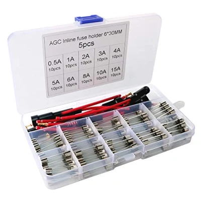 Image of Gebildet 5pcs 6x30mm AGC Fuse Holder Inline Screw Type with 16AWG wire + 100pcs Fast Blow Glass Fuses Quick Car Tube Assorted Kit (0.5A 1A 2A 3A 4A 5A 6A 8A 10A 15A)