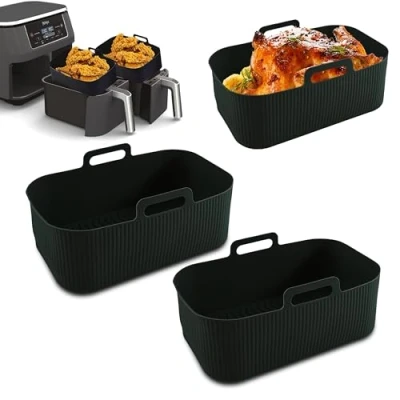 Image of 20cm Rectangle Air Fryer Liner 2 Pack for Ninja Dual Fryer, Reusable, Dishwasher Safe, Non Stick &amp; Heat Resistant Silicone, Thicker Even Distribution, Compatible with AF300UK