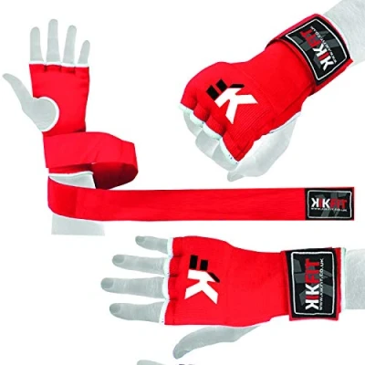 Image of KIKFIT Boxing Inner Gloves Gel Padded Elasticated Hand Wraps Wrist Wrap Protector for Men &amp; Women MMA Punch Speed Bag Training Under Mitts Bandages (Red, L/XL)
