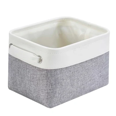 Image of Mangata Small Canvas Storage Box, Fabric Basket with Handles for Cupboards, Shelves, Clothes, Toys (Foldable, Grey White)