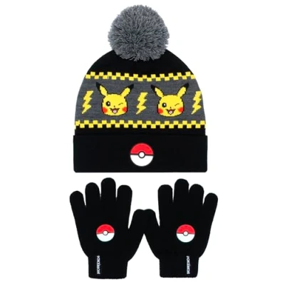 Image of Pokemon Winter Warm &amp; Comfy Beanie Hat Gloves Set for Boys Pikachu Design Perfect 6 12 Years Gift Black/Yellow