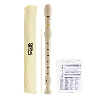 Image of Mad About MA REC07 Descant Recorder Three Piece School, Beginners with Bag and Cleaning Rod Fingering Chart White