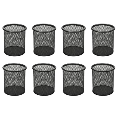 Image of OSCO Black Wiremesh Round Pen Pot 8 Pack Pencil Holder Desk Tidy Office Organiser Makeup Storage Cosmetics Display H10.4 x W9 D9 cm