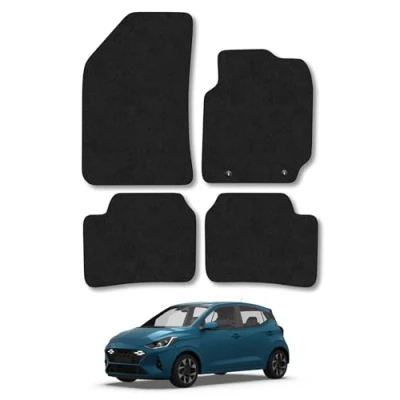 Image of Car Mats Compatible with Hyundai I10 (2020 ) Tailored Fit Black Carpet Floor Set Accessory Custom 4 Pieces Anti Slip Backing &amp; Binding Trim Edge