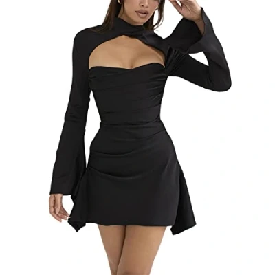Image of N /D Women&#039;s Sexy Long Sleeve Chest Hollow Out Bodycon Cut Ruched Party Club Mini Dress (Black, M)