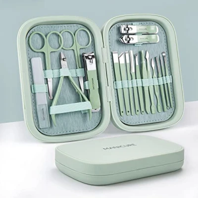 Image of MOUFIER Professional Manicure Set 18 Pieces Nail Clippers Set, Pedicure Kit and Grooming Kit, Stainless Steel Care Tools with Portable Travel Case for Men Women Gift (Green)