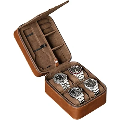 Image of ROTHWELL 5 Watch Travel Case Storage Organizer for Watches Tough Portable Protection w/Zipper Fits All Wristwatches &amp; Smart Up to 50mm (Tan/Brown)