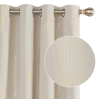 Image of Deconovo Blackout Eyelet Curtains Thermal Insulated Gold Wave Line Foil Printed for Bedroom 46x90 Inch Beige 2 Panels