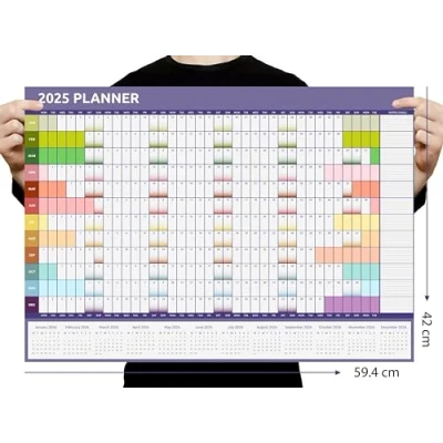 Image of 2025 Wall Planner Calendar A2 Size (59.4cm x 42cm) Full Year to View For Home Office Work School (Rainbow)