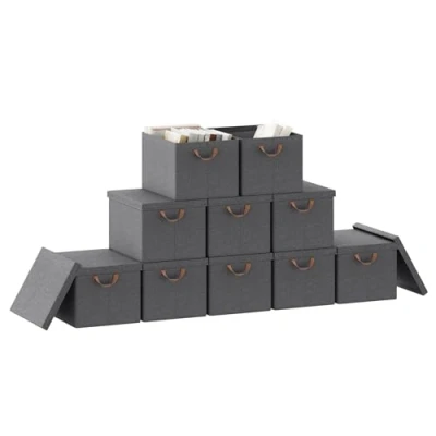 Image of WOLTU Storage Boxes Set of 10, Foldable with Lids, Under Bed Handles, Wardrobe Organiser, Non woven Fabric Basket, Grey, 48x36x30cm