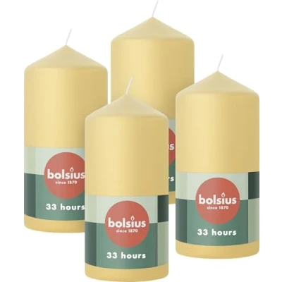 Image of Bolsius Pillar Candles Beige 4 Pack 12 x 6 cm Decorative Household Long Burning Time of 33 Hours Unscented Includes Natural Vegan Wax Without Palm Oil