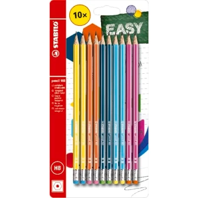 Image of Hexagonal Graphite pencil with Eraser STABILO 160 Pack of 10 Yellow, Orange, Blue, Petrol, Pink HB
