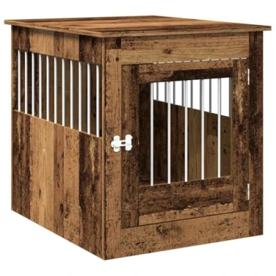 Image of vidaXL Dog Crate/End Table Old Wood, Engineered Wood/Steel, 64.5x80x71 cm, Lounge Furniture, Living Room Cage, Dual Purpose, Lockable Door