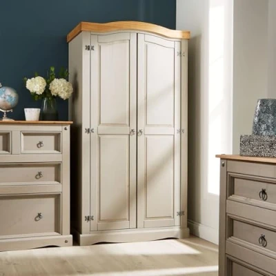 Image of Home Source Space Saving Design with Hanging Rail and Shelf, Bedroom Storage Furniture, Pine, Grey, 2 Door