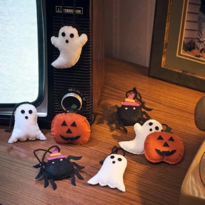 Image of Lights4fun Halloween Set of 8 Felt Pumpkin, Ghost and Spider Hanging Ornaments for Twig Tree Decorations