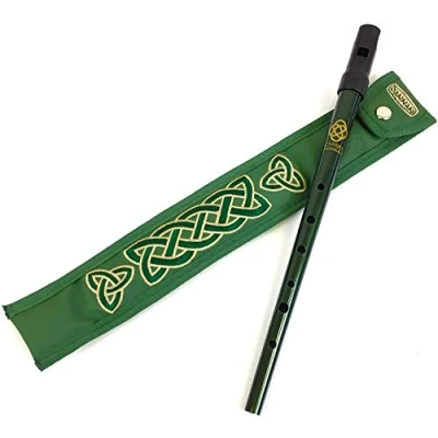Image of Dark Green Tin Whistle in key of D by Clarke with Handmade Irish Case Dannan Vegan Leather Celtic Embroidery
