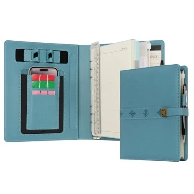 Image of WASON A5 Diary PU Leather Composition Notebook Ruled Binder Journal with Pen, Refillable Paper, Removable Clipboard Portfolio, Notepad for Business Travel School Planner Organizer (Cyan)