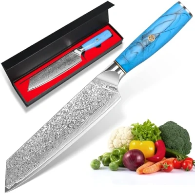 Image of Damascus Knife Kiritsuke Chef&#039;s Knife, Kitchen with Extremely Sharp 18.8 Cm Blade Made of 67 Layers Vg 10 Steel Ergonomic Natural Resin Handle, Gift Box