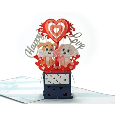 Image of Dog Couple Pop Up 3D Card. Romantic valentines anniversary greeting card for Her,Girlfriend, Wife,Him, Boyfriend,Husband. 15cmx15cm