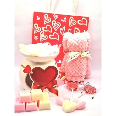 Image of Valentine&#039;s Day Gift Set with Scented Wax Melts, Ceramic Burner, Plush Bear, 20 Pieces, Pink