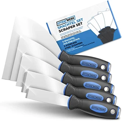 Image of EffektWerk 5 pc Scraper Set Paint &amp; Wallpaper Removal Tool Stainless Steel Spatula for Plastering Drywall Putty Filling Ideal Painter Plaster Scraping Finishing