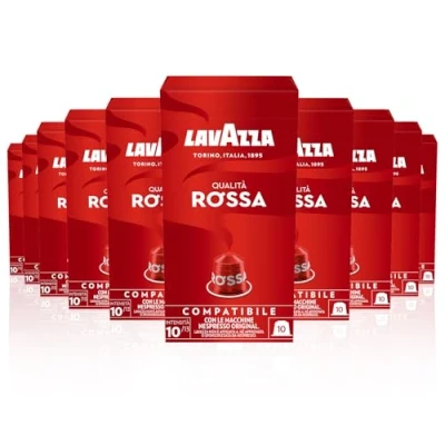 Image of Lavazza, Qualità Rossa, 100 Aluminium Coffee Capsules Compatible with Nespresso Original Machines, Chocolate Notes, Arabica &amp; Robusta, Intensity 10/13, Medium Roasting, Zero CO2 Impact, 10 Packs