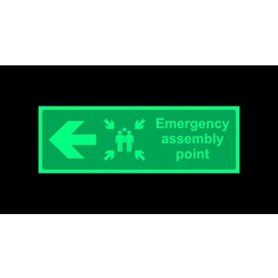 Image of Emergency assembly point directional sign Left arrow Safety 1.2mm Photoluminescent glow in the dark rigid plastic with self adhesive backing 300mm x 100mm