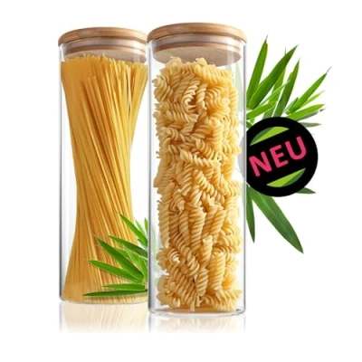 Image of Robin Goods® 2X Storage jar with Bamboo lid 1800ml Jars for Food Made of Reinforced Borosilicate Glass airtight Reusable Round 1.8L (02 Pieces 1800ml)