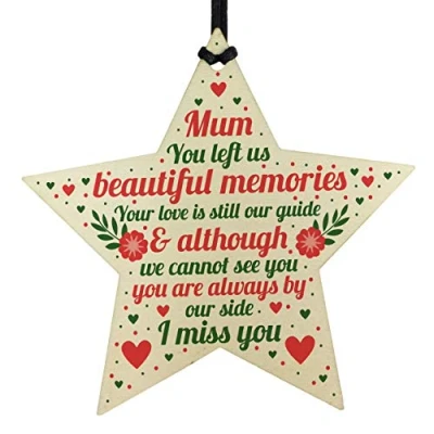 Image of RED OCEAN Mum Memorial Christmas Tree Decorations Wooden Star Remembrance Plaque Keepsake Gift