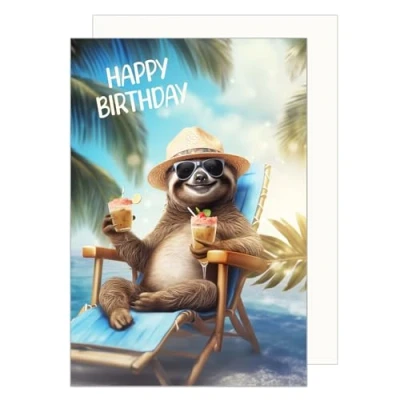 Image of Edition Seidel Premium Birthday Card with Envelope. Greeting Happy for him or her Friend Girl Boy Kids Sloth Beach Drink Holiday Sun Funny (G3561 SW024)