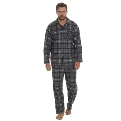 Image of Evotex Trading Mens Boys 100% Cotton Flannel Long Sleeved Pyjamas Pyjama Set Grey Check Size L
