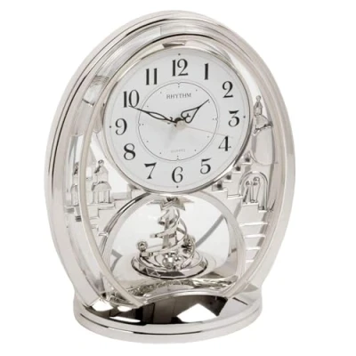 Image of Rhythm Contemporary Mantel Clock Oval Silver with Arabic Dial and Rotating Pendulum, 4SG768WR19