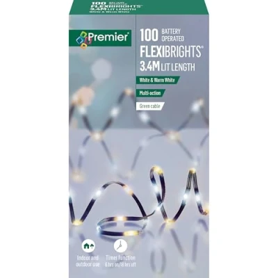 Image of Premier 100 Battery Operated Fairy String Lights Flexibrights 3.4m Lit Length White &amp; Warm White, Multi Action, Suitable for Indoor Outdoor Usage