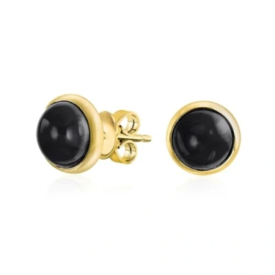 Image of Classic Simple Black Onyx Bezel Set Round Dome Button Stud Earrings For Women Gold Plated .925 Sterling Silver