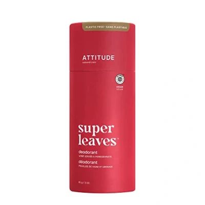Image of ATTITUDE Plastic Free Deodorant, EWG Verified, Aluminum Free, Vegan Naturally Sourced Body Deodorants for Women &amp; Men, Dermatologically Tested, Vine Leaves and Pomegranate, 85 grams