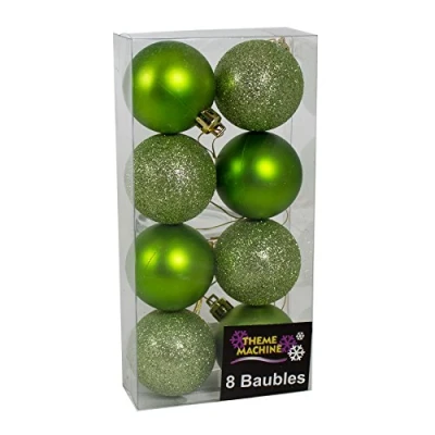 Image of Theme Machine Christmas Decoration 8 Pack 50mm Glitter/Plain Baubles GREEN