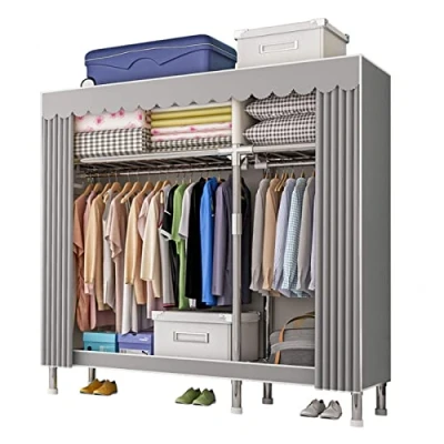 Image of ZHANGshouf Wardrobe Portable Canvas With Hanging Rail, Shelves, Fabric Clothes Closet Storage Organizer for Bedroom, Living Room,126x46x173cm