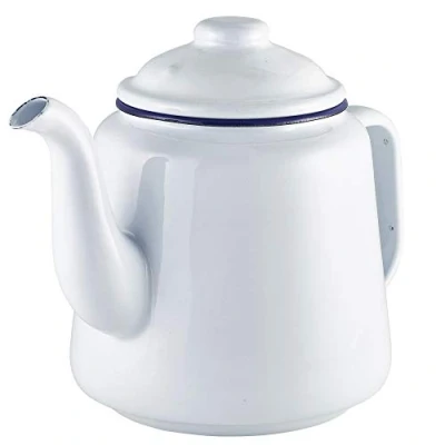Image of Enamel Teapot White with Blue Rim 52.75oz / 1.5ltr Rustic Teapot, Enamelware