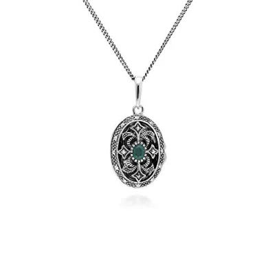 Image of Art Nouveau Style Oval Emerald &amp; Marcasite Locket Necklace in 925 Sterling Silver