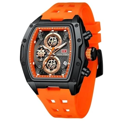 Image of MF MINI FOCUS Men&#039;s Watch Fashion Tonneau Wrist Watches (Chronograph/Waterproof/Luminous/Calendar) Silicon Strap Quartz for Men, Black_Orange, Modern