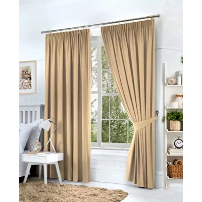Image of Hachette Thermal Blackout Curtains Pencil Pleat Tape Top Including Pair of Tiebacks (Cream Natural, 46&quot; X 72&quot;)