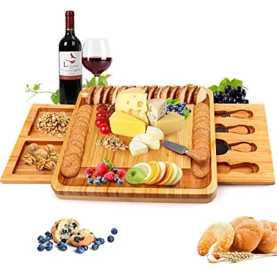 Image of Bamboo Cheese Board with Tools, Plate Charcuterie Platter Set Serving Tray for Wine Cracker Brie and Meat, Large Thick Wooden Server, Fancy House Warming Gift Gourmets