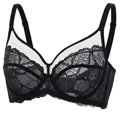 Image of DOBREVA Women&#039;s Lace Full Coverage Minimiser Bra Unlined Underwire See Through Plus Size Black 36B