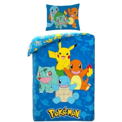 Image of Halantex Pokemon Bedding Set with Pikachu, Charmander, Squirrel and Bulbasarre, Duvet Cover 140 x 200 cm + Pillowcase, Blue, POK579