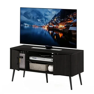 Image of Furinno Claude Mid Century Style TV Stand with Wood Legs,for Size up to 50 inch Two Cabinets, Espresso