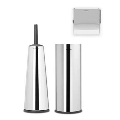Image of Brabantia 3 Piece Toilet Accessory Set, Brush &amp; Holder, Roll Holder Dispenser (Drill/No Drill Wall Mounting), Brilliant Steel