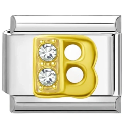 Image of Quiges 9mm Italian Style Charm Link Module Stainless Steel Gold Zirconia Alphabet Letter B for Bracelets