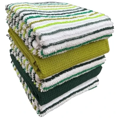 Image of Olivia Rocco 5 Pack Striped Kitchen Tea Towels Cotton Super Absorbent Quick Drying Soft Ribbed Waffle Pot Towel, Green