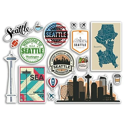 Image of A5 Sticker Sheet Seattle Landmarks Vinyl Stickers Washington America States USA American Airport Stamps Skyline Flag Map Travel Holiday Scrapbooking City Luggage #79156