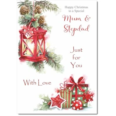 Image of doodlecards Mum &amp; Step Dad Christmas Card Lamp and Parcels Medium Size with Plain Red Envelope